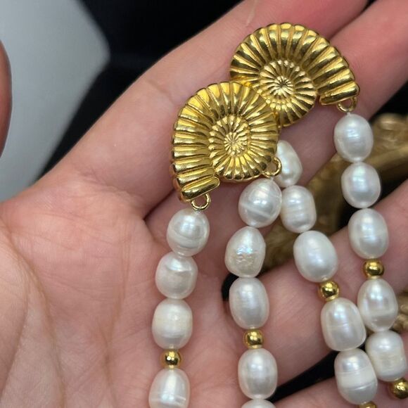 Gold Plated Stainless Steel Nautilus Pearl Drop Earring - Picture 14 of 14